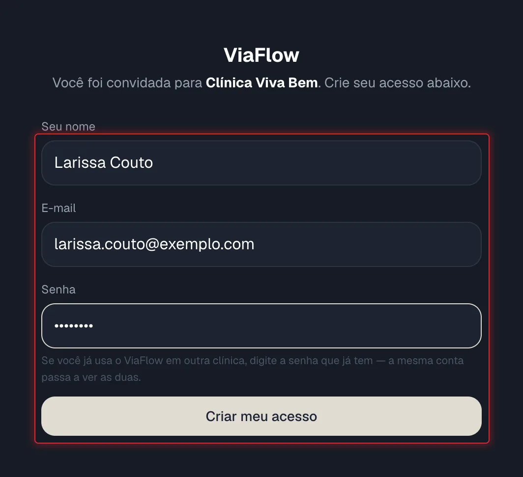 Tela do convite com os campos Seu nome, E-mail e Senha