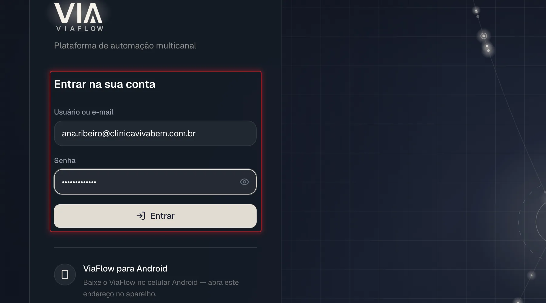 Tela de login com os campos Usuário ou e-mail e Senha