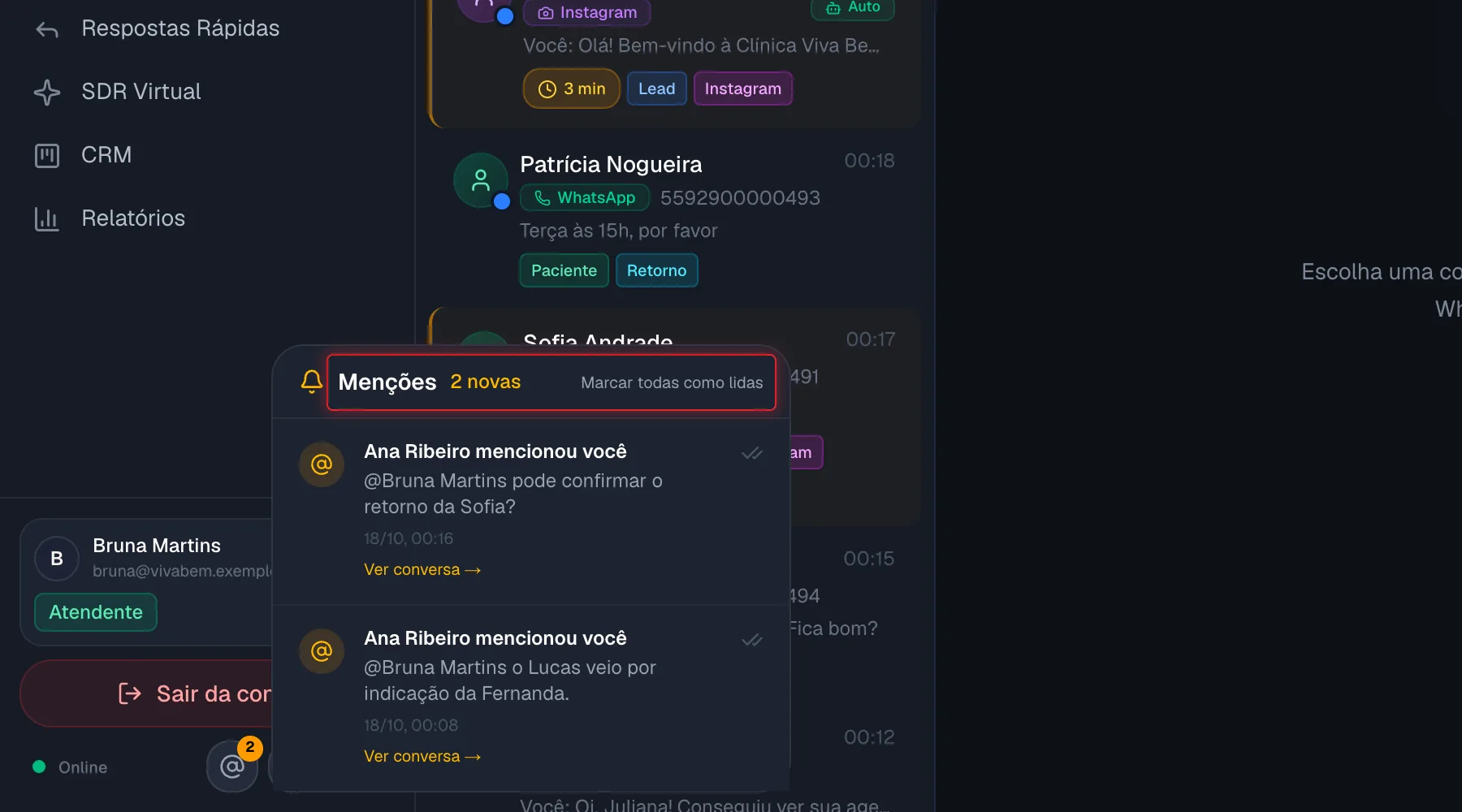 Janela Menções aberta a partir do ícone de @