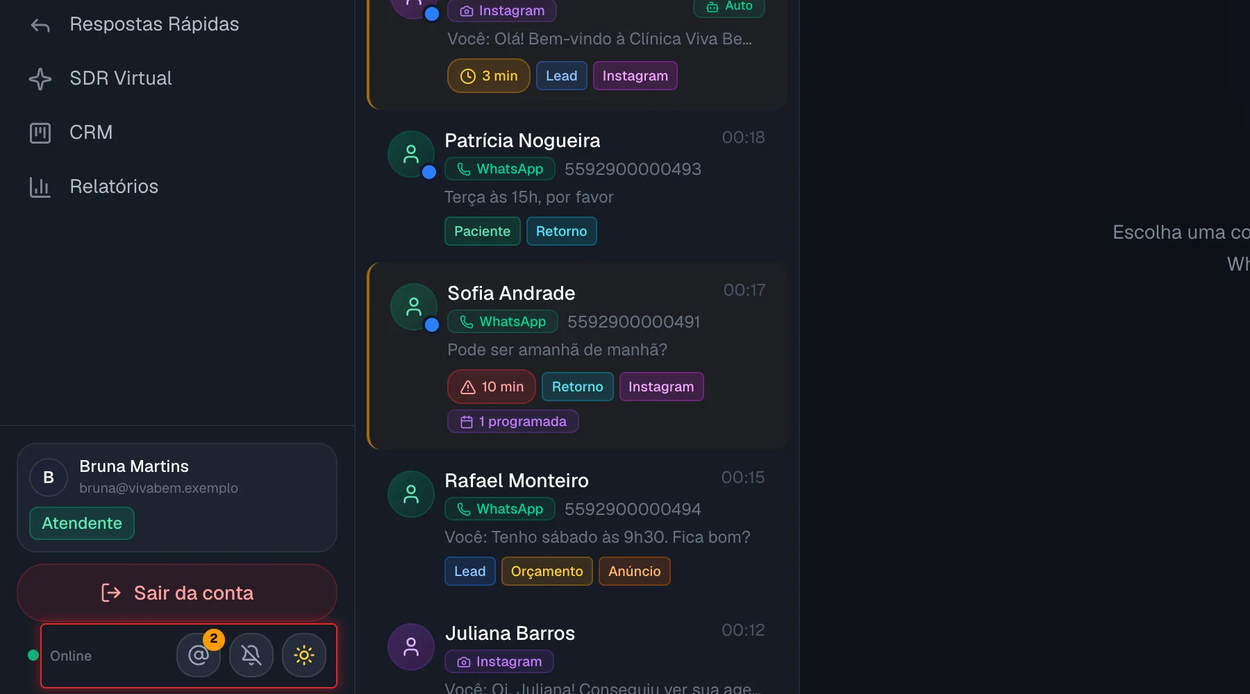 Rodapé do menu lateral com o status e os botões de menções, notificações e tema