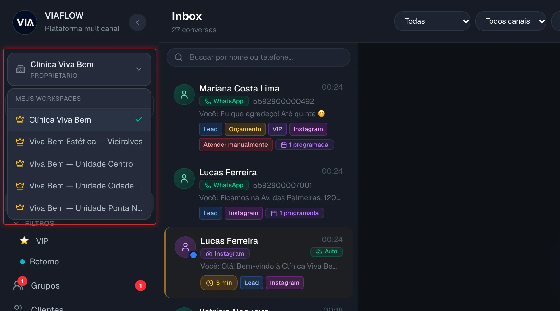 Cartão do workspace no topo do menu lateral, aberto com a lista Meus workspaces