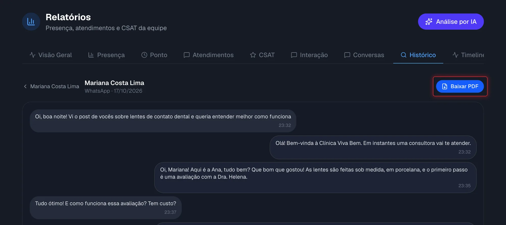 Aba Histórico com a conversa aberta
