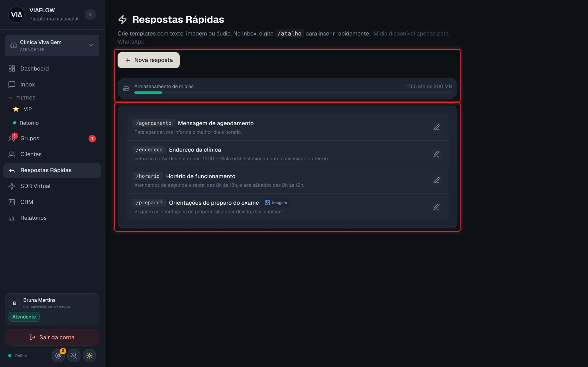 Tela Respostas Rápidas com a barra de armazenamento e a lista de atalhos