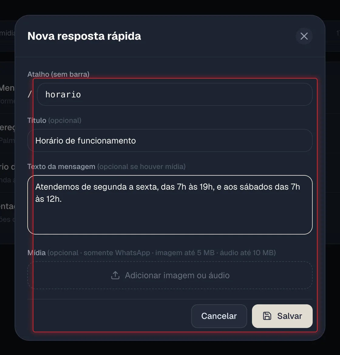 Janela Nova resposta rápida com os campos preenchidos