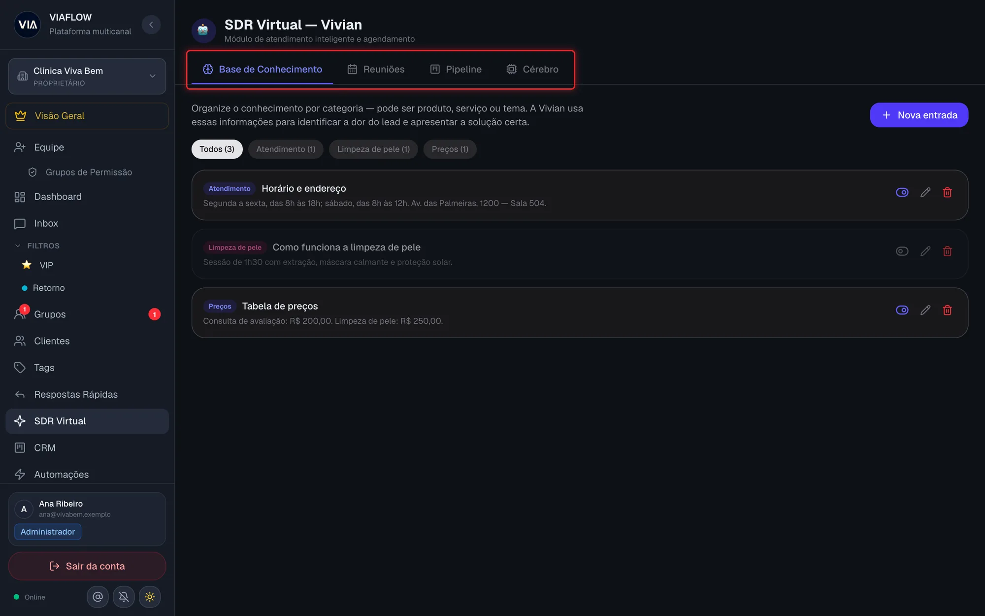 Tela SDR Virtual com as quatro abas no topo