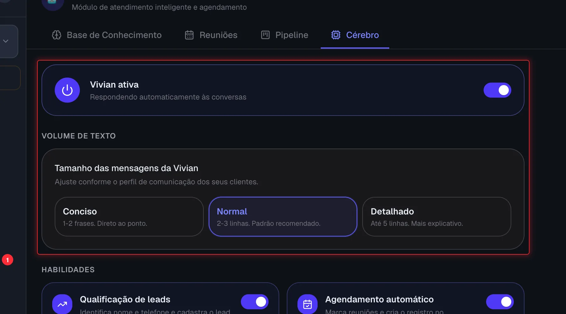 Cartão Vivian ativa com o botão de liga/desliga na aba Cérebro