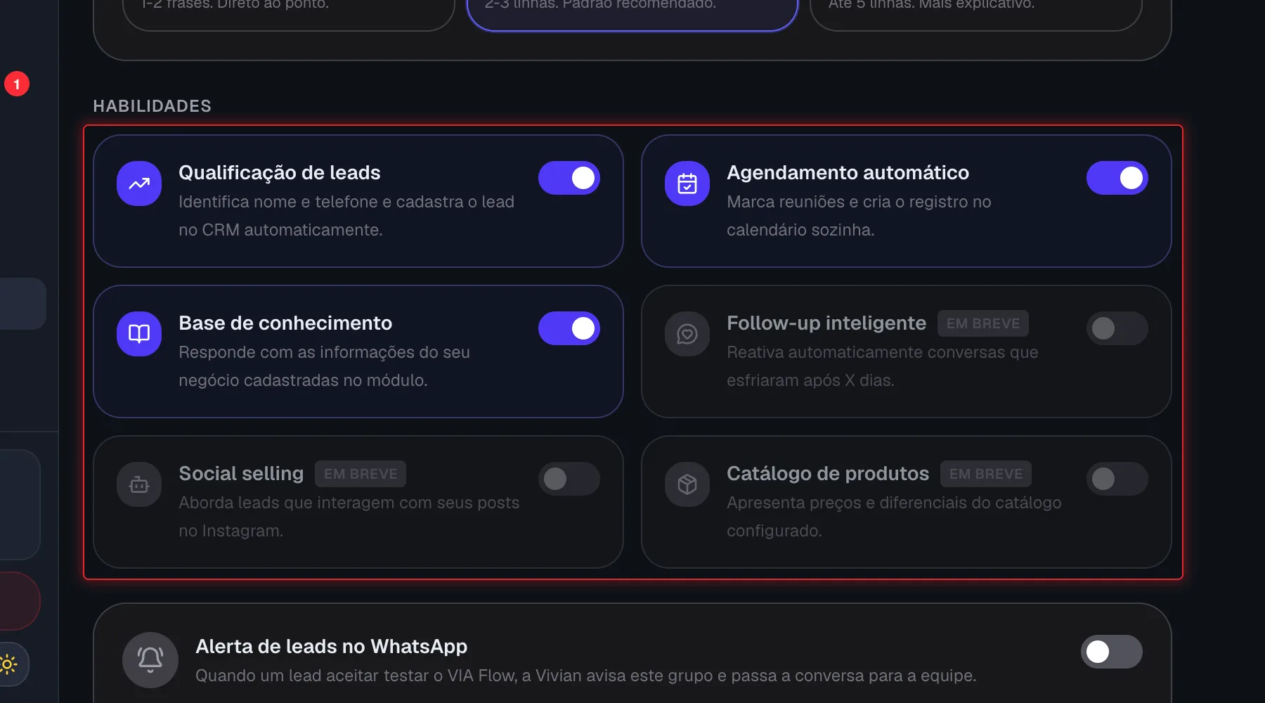 Grade de habilidades da Vivian com os botões de liga/desliga