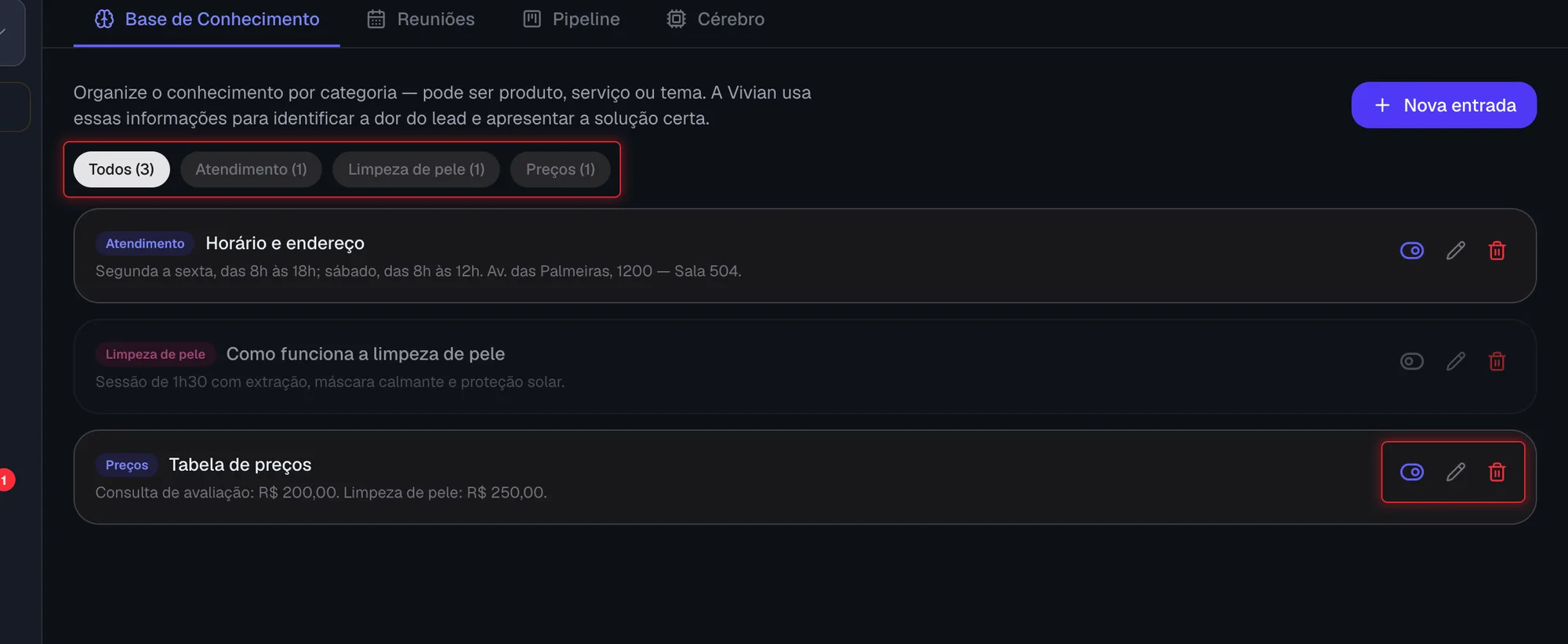 Lista de entradas com os botões de ativar, editar e remover
