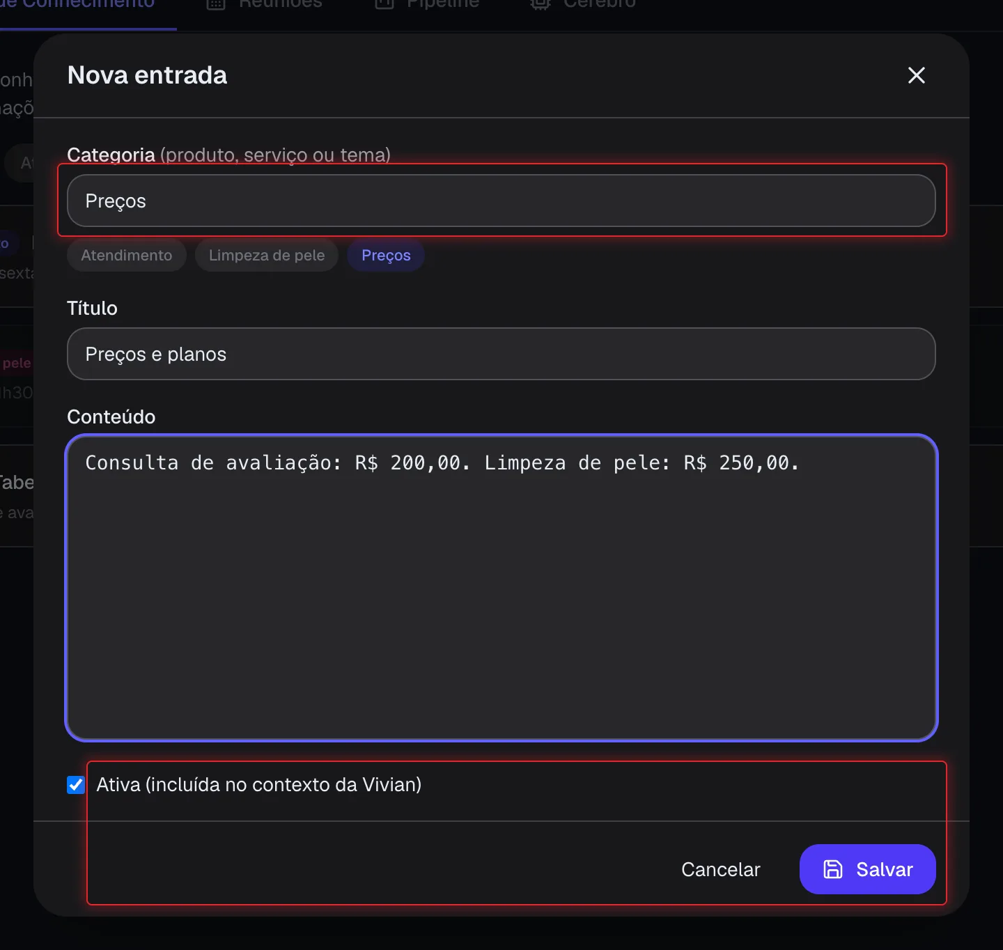 Janela Nova entrada com Categoria, Título, Conteúdo e a caixa Ativa