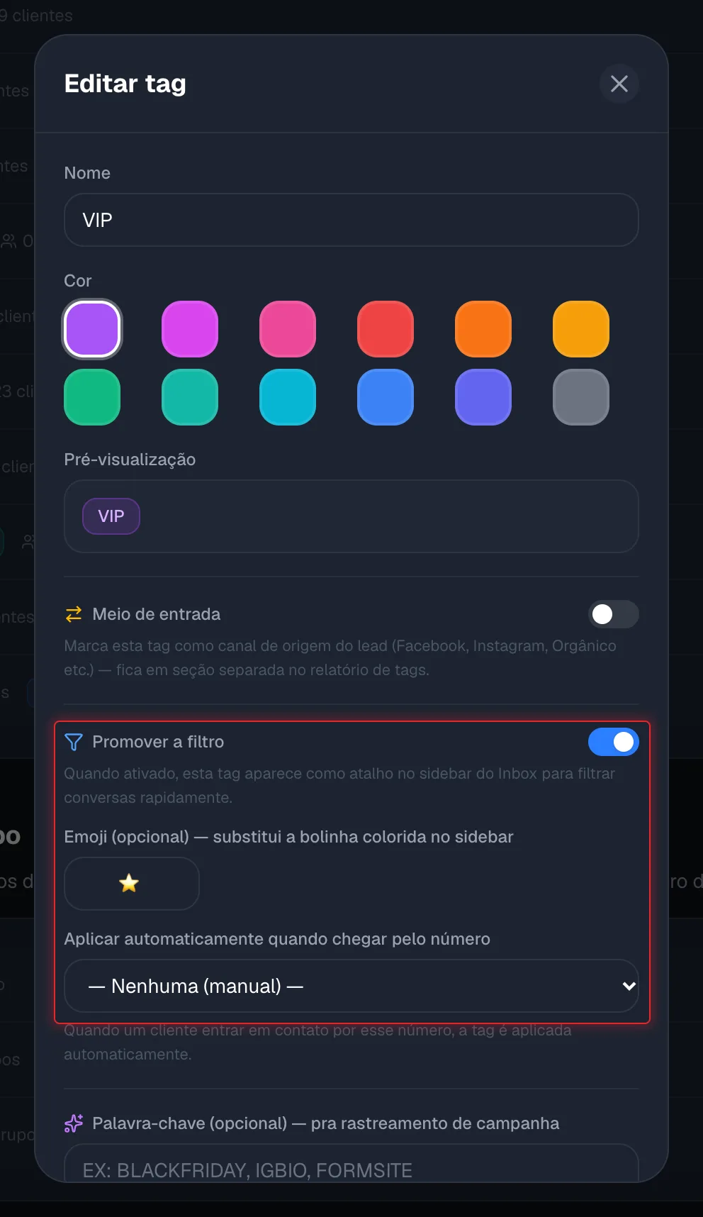 Opção Promover a filtro ativada, com o campo de emoji