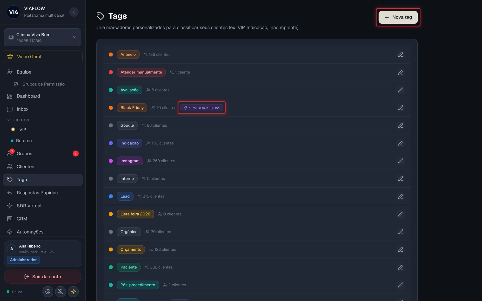 Tela Tags com a lista de tags de cliente e a seção Etiquetas de grupo