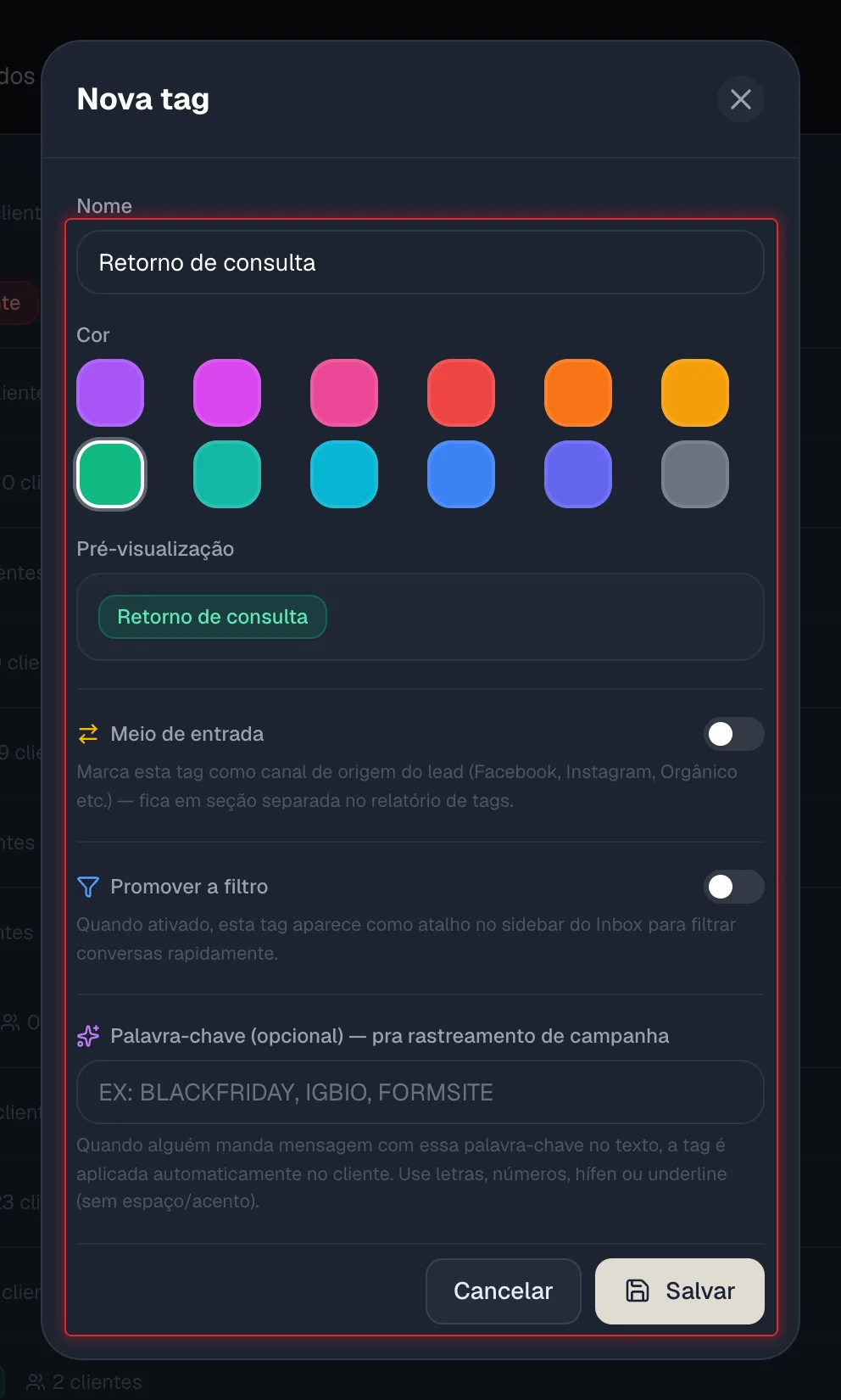 Janela Nova tag com nome, cor, pré-visualização e opções