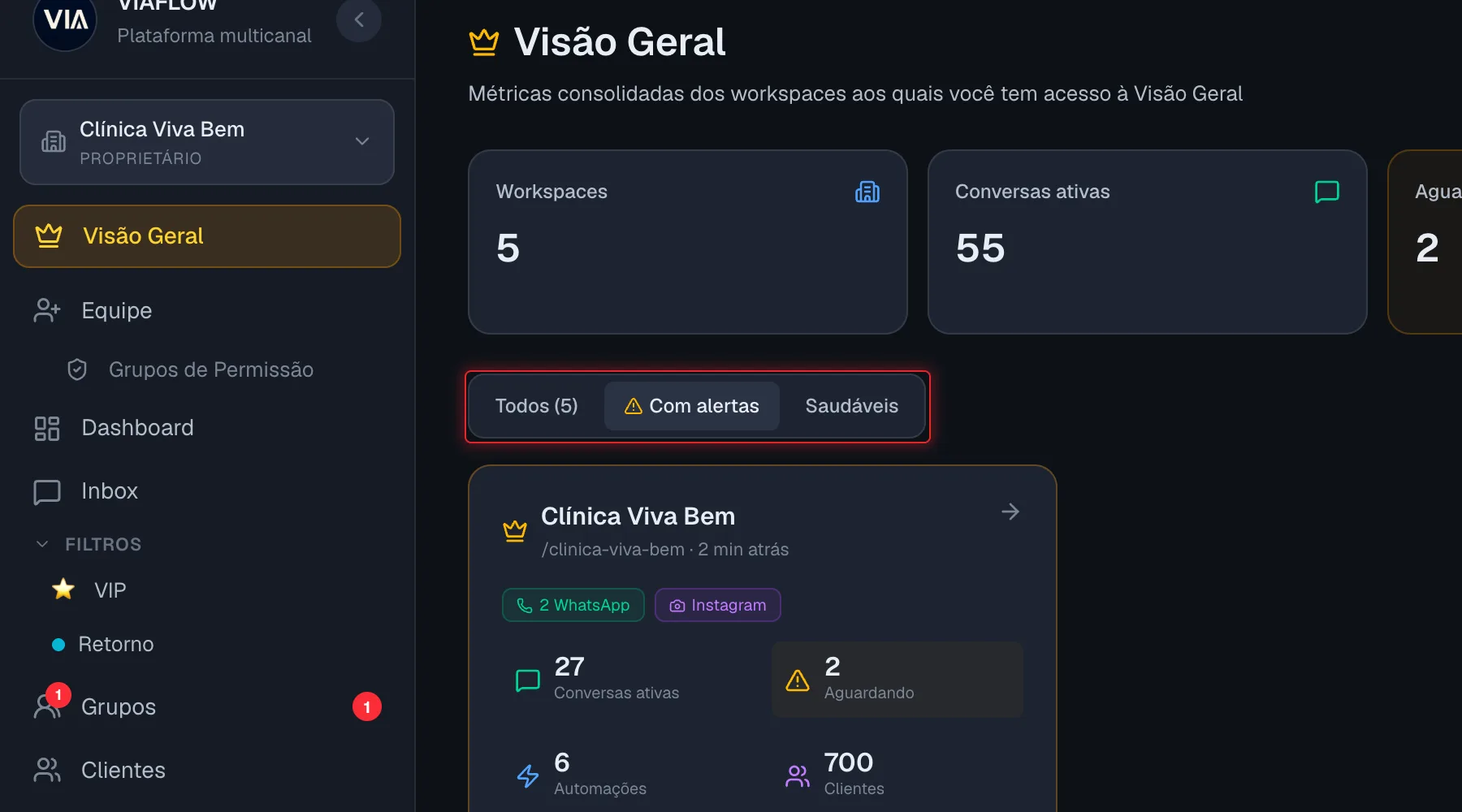 Filtros Todos, Com alertas e Saudáveis